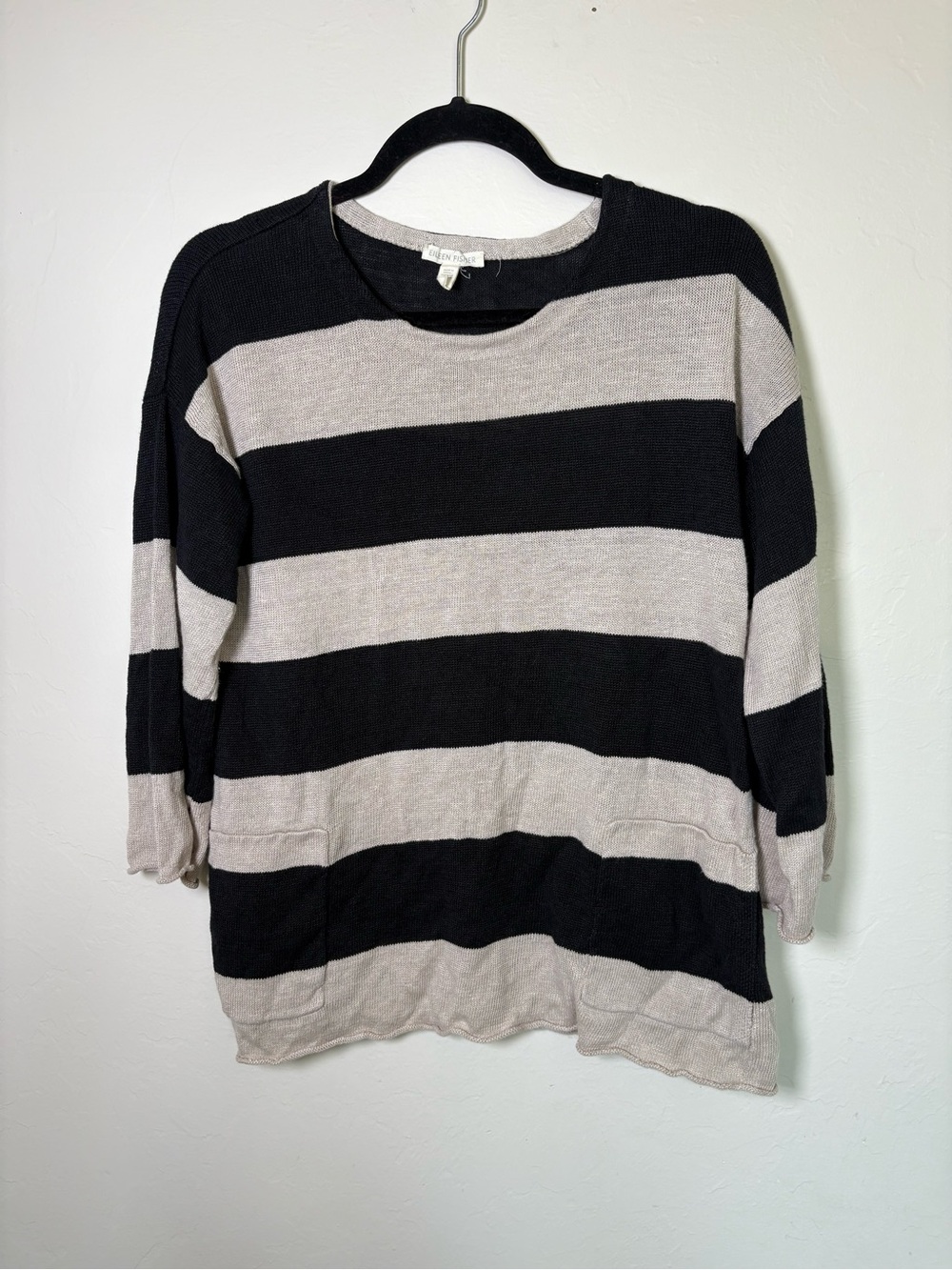 Eileen Fisher Size S Black Cream Lagenlook 100% Organic Linen Striped Sweater